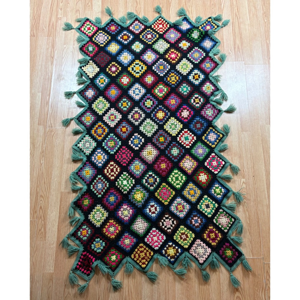 Vintage Handmade Crochet Granny Square Blanket Multi-Color Tassel Trim 71x40